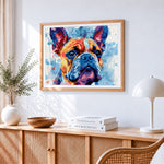 French bulldog watercolour art cross stitch artwork displayed on wall as home decor