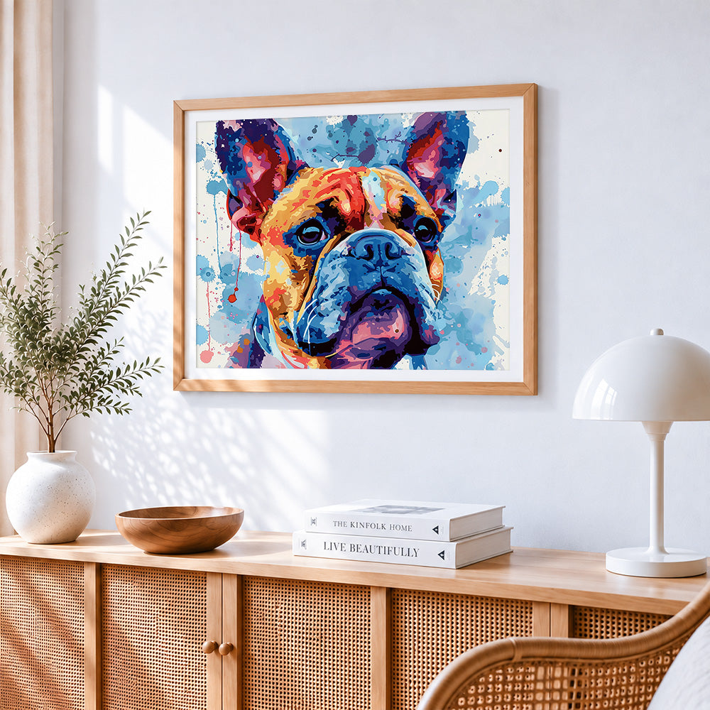 French bulldog watercolour art paint by numbers artwork displayed on wall as home decor
