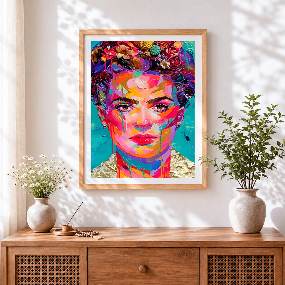 Finished frida kahlo colourful impasto portrait cross stitch artwork displayed