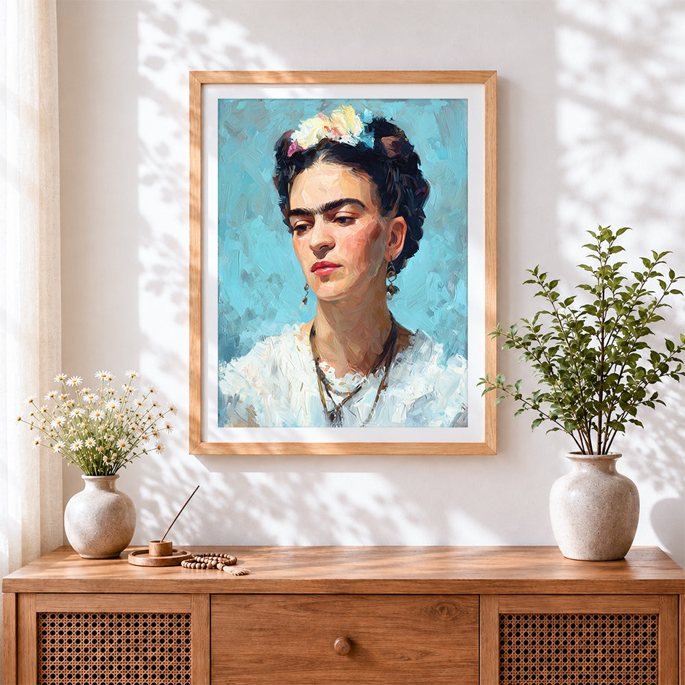 Finished frida kahlo oil painting style cross stitch artwork displayed