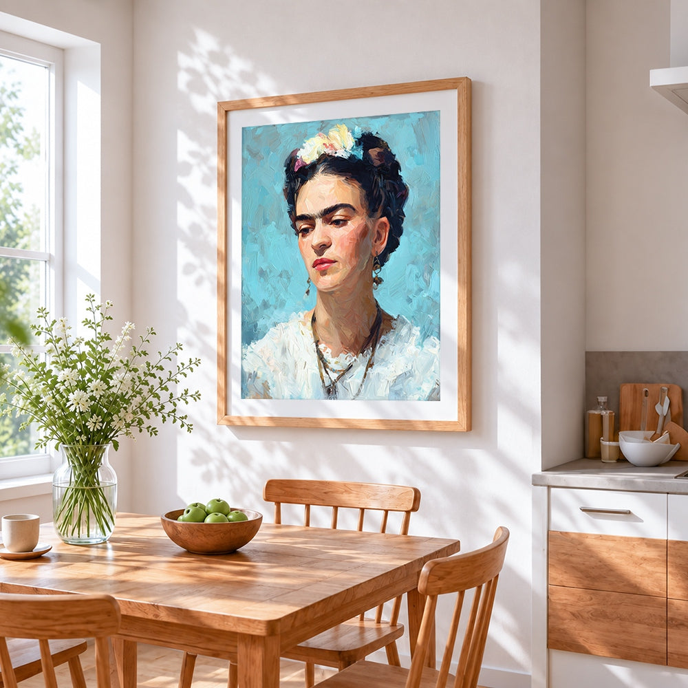 Frida kahlo oil painting style cross stitch artwork displayed on wall as home decor