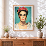 Finished frida kahlo portrait with flowers cross stitch artwork displayed