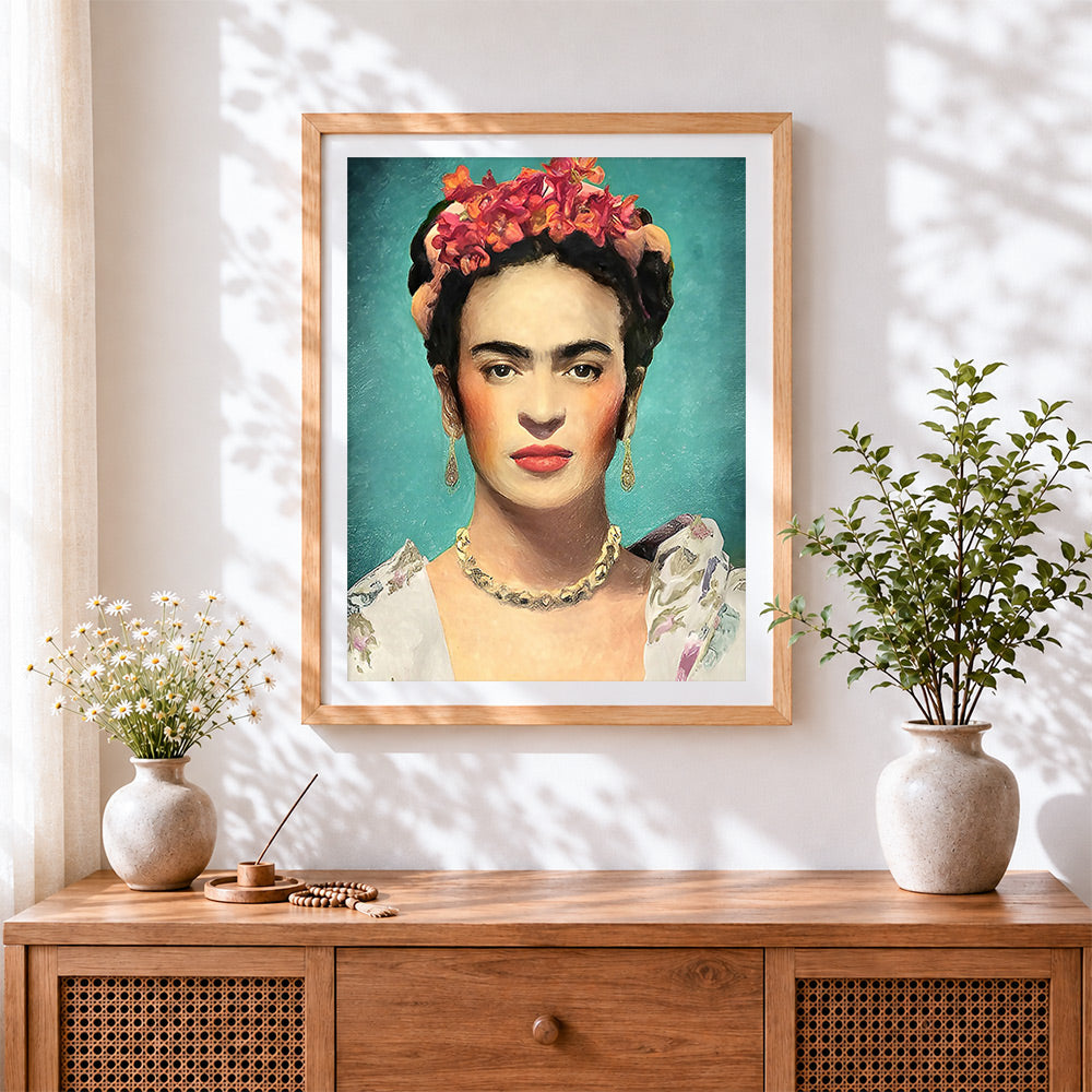 Finished frida kahlo portrait with flowers cross stitch artwork displayed