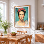 Frida kahlo portrait with flowers cross stitch artwork displayed on wall as home decor