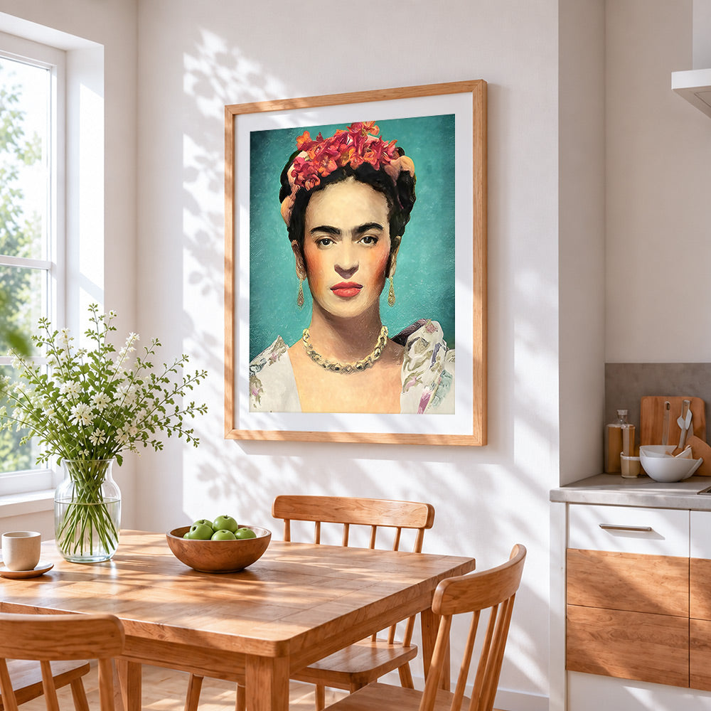 Frida kahlo portrait with flowers cross stitch artwork displayed on wall as home decor