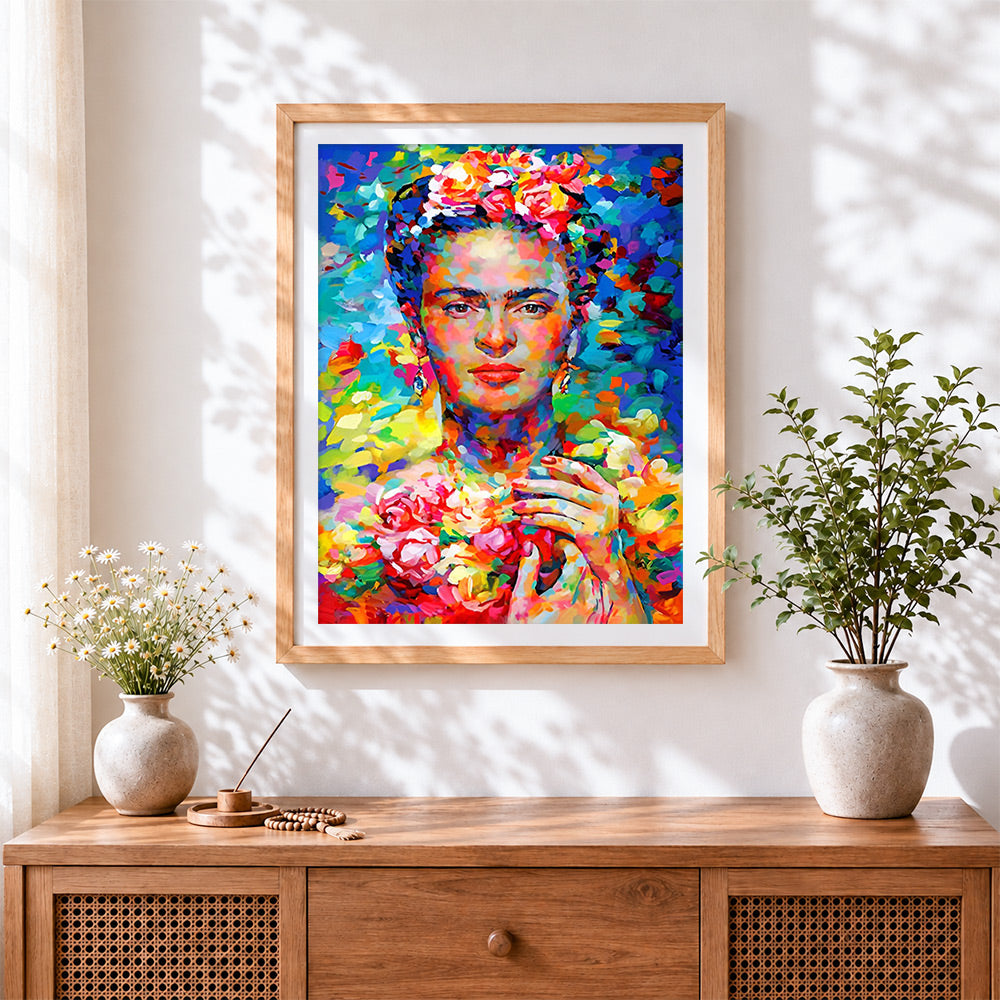 Finished frida kahlo with flowers cross stitch artwork displayed