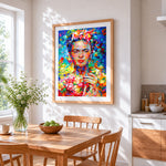 Frida kahlo with flowers cross stitch artwork displayed on wall as home decor