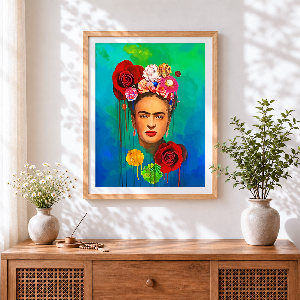 Finished frida kahlo with red roses cross stitch artwork displayed