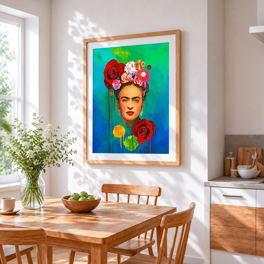 Frida kahlo with red roses paint by numbers artwork displayed on wall as home decor