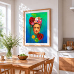 Frida kahlo with red roses paint by numbers artwork displayed on wall as home decor