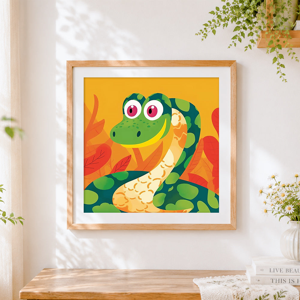 Finished friendly smiling snake cross stitch artwork displayed