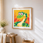 Friendly smiling snake cross stitch artwork displayed on wall as home decor