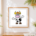 Finished friendly waving cartoon cow cross stitch artwork displayed