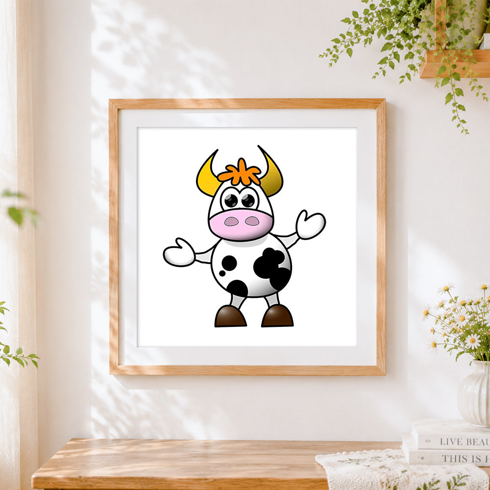 Finished friendly waving cartoon cow cross stitch artwork displayed