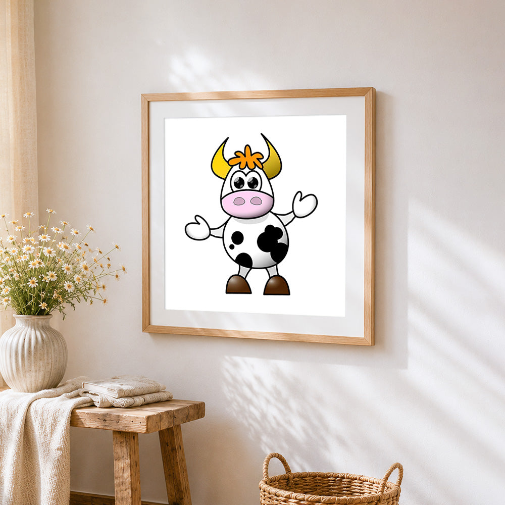 Friendly waving cartoon cow cross stitch artwork displayed on wall as home decor