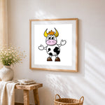 Friendly waving cartoon cow cross stitch artwork displayed on wall as home decor