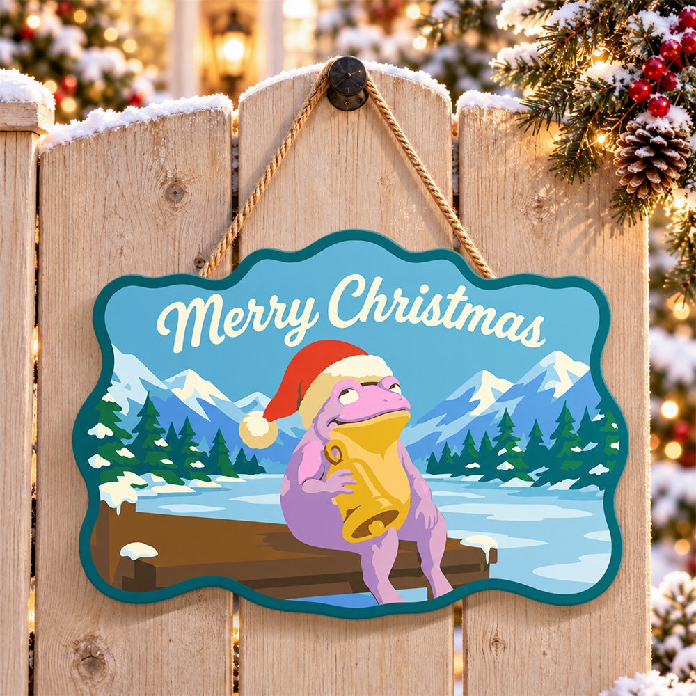 Frog christmas bells paint by numbers door hanger on a garden gate