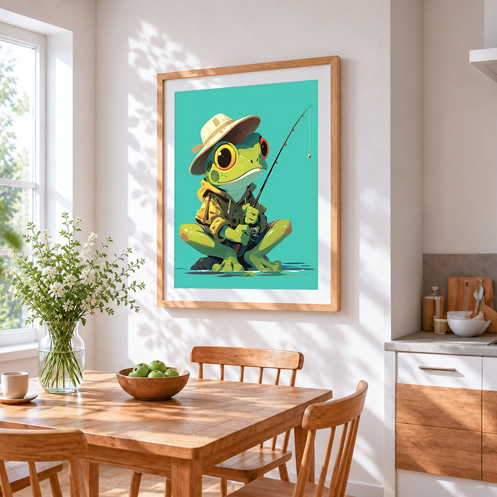 Frog fisherman with hat cross stitch artwork displayed on wall as home decor