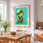 Frog fisherman with hat cross stitch artwork displayed on wall as home decor