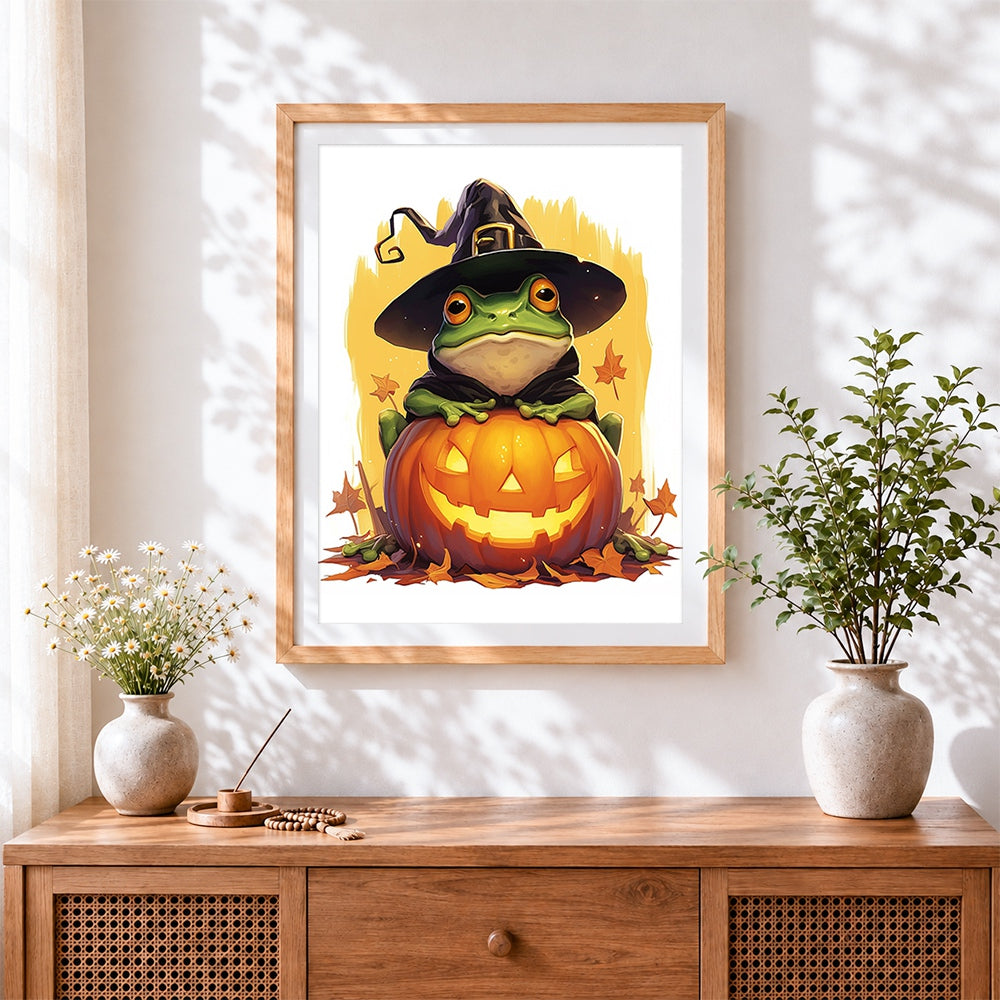 Finished frog in witch hat with pumpkin cross stitch artwork displayed