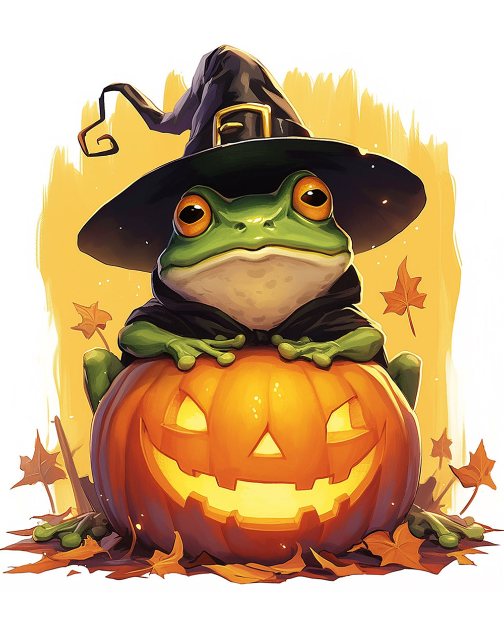 Frog in witch hat with pumpkin cross stitch kit for beginners