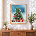 Finished frosted snowy christmas tree with presents cross stitch artwork displayed