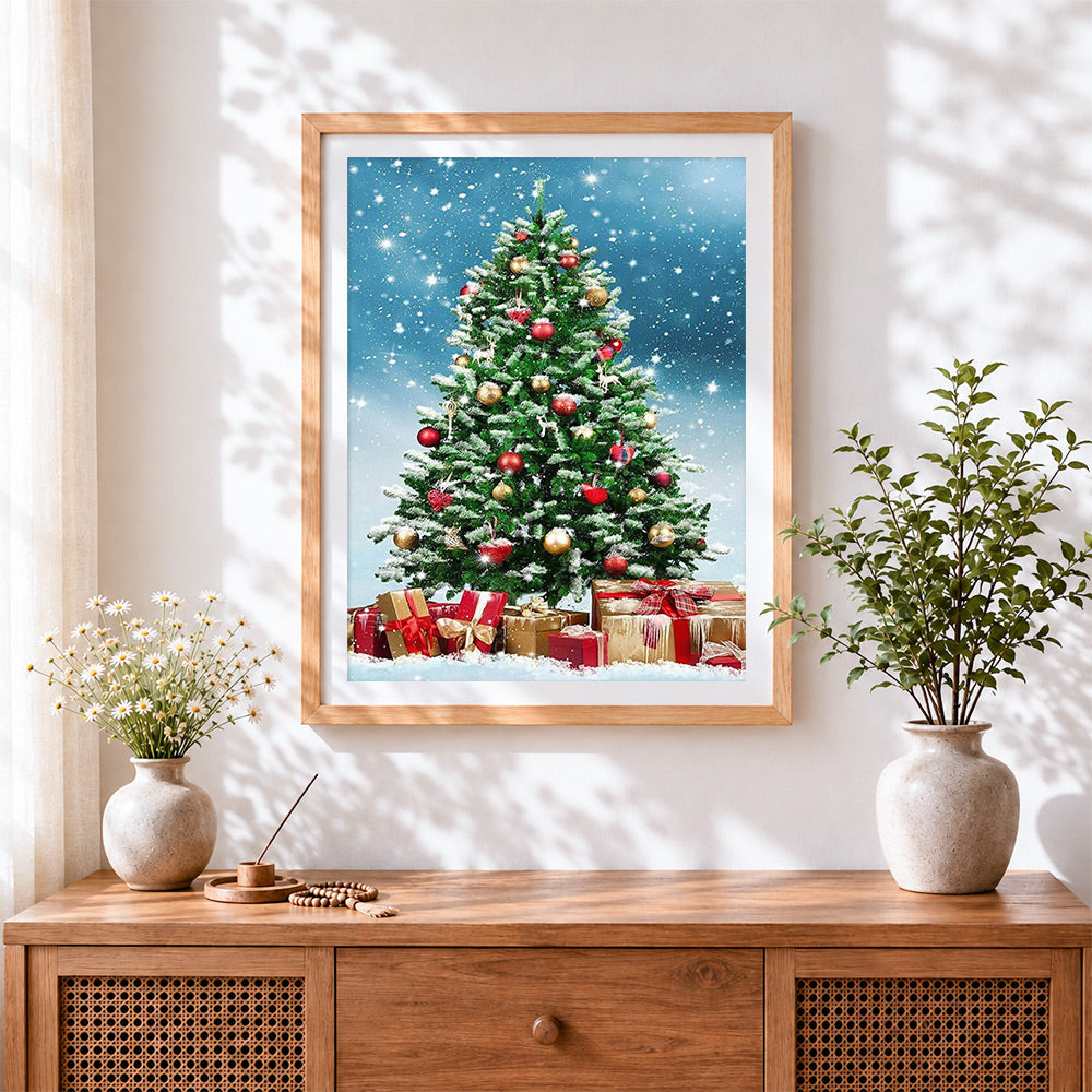 Finished frosted snowy christmas tree with presents cross stitch artwork displayed