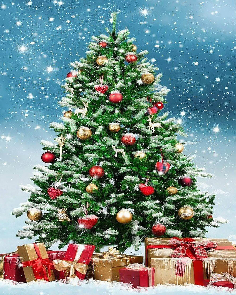 Frosted snowy christmas tree with presents cross stitch kit for beginners