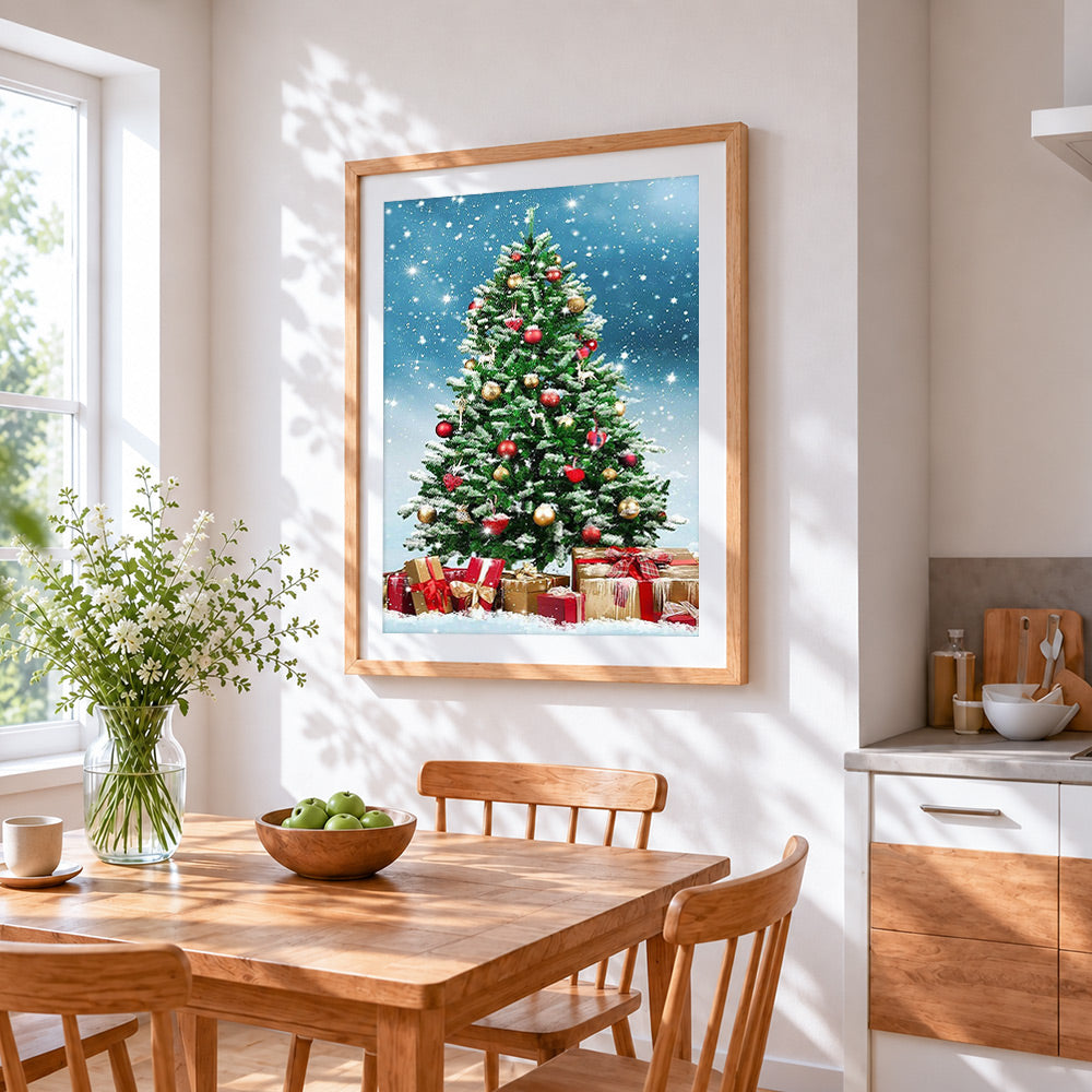 Frosted snowy christmas tree with presents cross stitch artwork displayed on wall as home decor