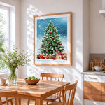 Frosted snowy christmas tree with presents cross stitch artwork displayed on wall as home decor