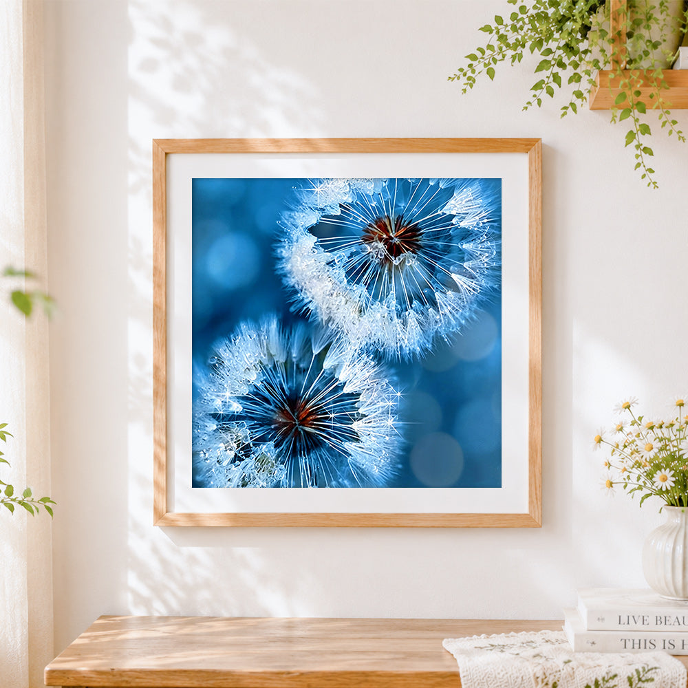 Finished frosty blue dandelions paint by numbers artwork displayed as home decor