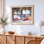 Frosty window sill with snowman and gifts cross stitch artwork displayed on wall as home decor