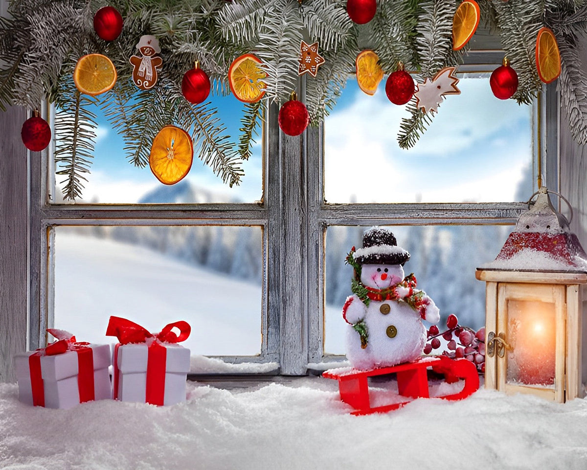 Frosty window sill with snowman and gifts paint by numbers kit for beginners