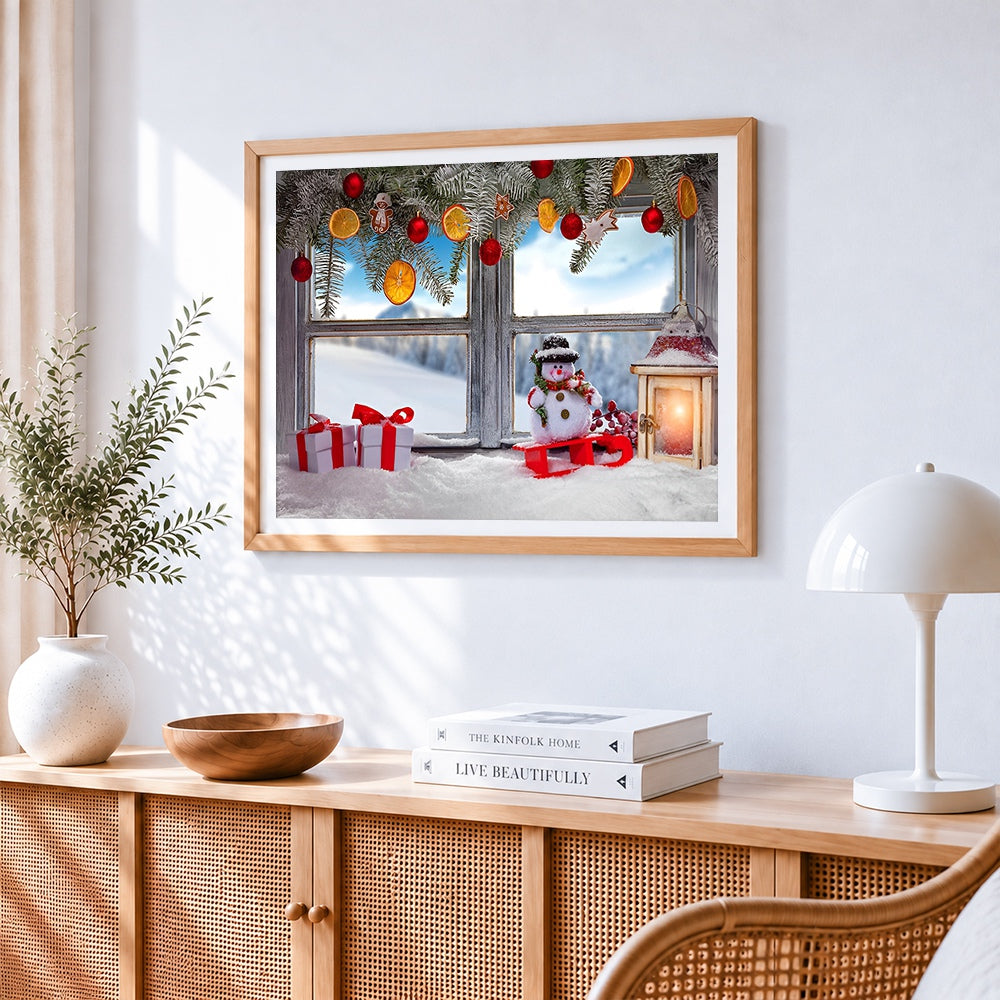 Frosty window sill with snowman and gifts paint by numbers artwork displayed on wall as home decor