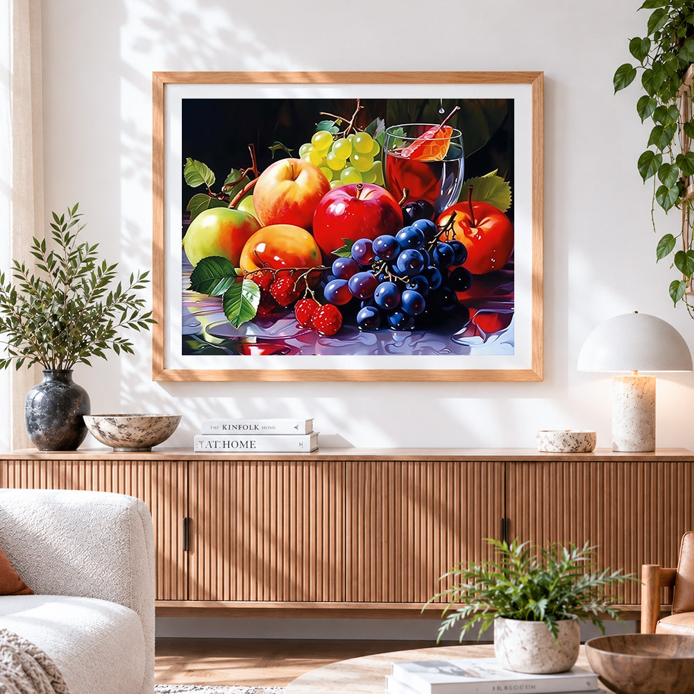 Finished fruit and wine glass paint by numbers artwork displayed as home decor