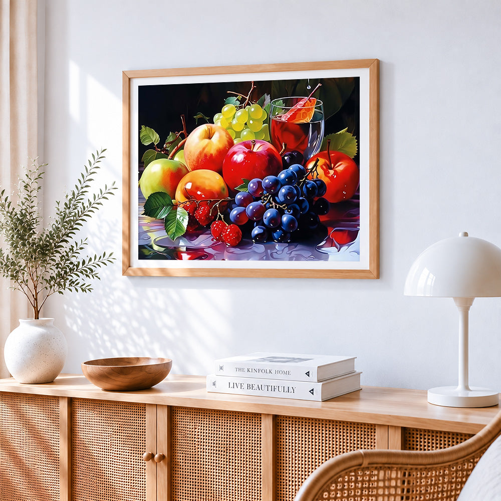 Fruit and wine glass paint by numbers artwork displayed on wall as home decor