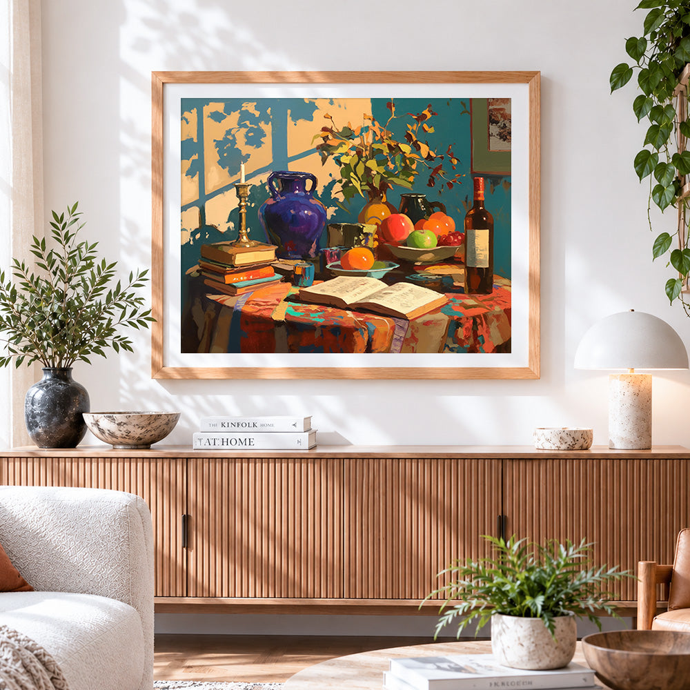 Finished fruits books and wine paint by numbers artwork displayed as home decor