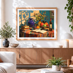 Finished fruits books and wine paint by numbers artwork displayed as home decor