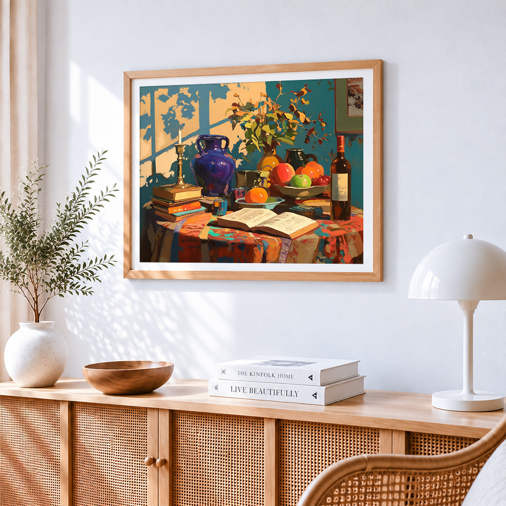 Fruits books and wine paint by numbers artwork displayed on wall as home decor