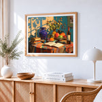 Fruits books and wine paint by numbers artwork displayed on wall as home decor