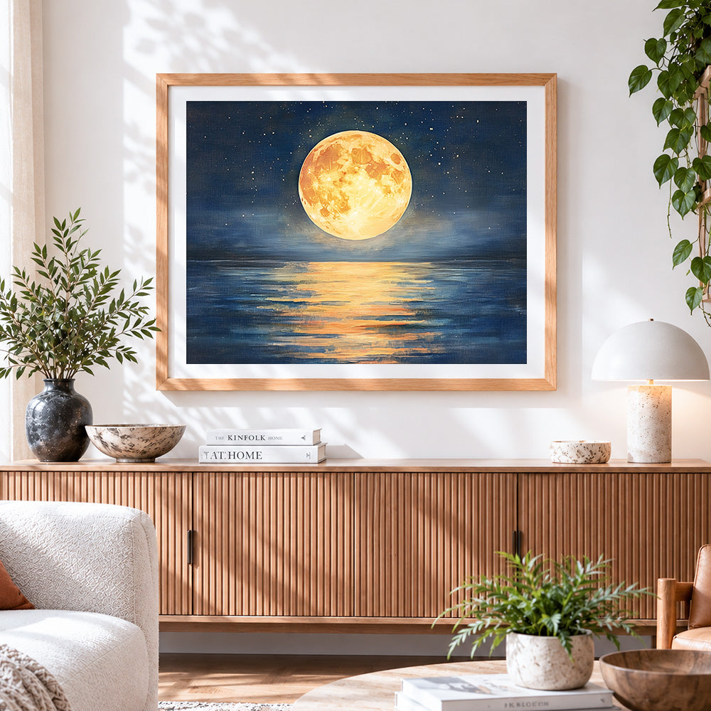 Finished full moon over calm ocean cross stitch artwork displayed