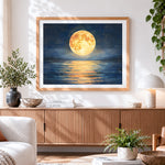 Finished full moon over calm ocean paint by numbers artwork displayed as home decor