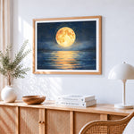 Full moon over calm ocean paint by numbers artwork displayed on wall as home decor