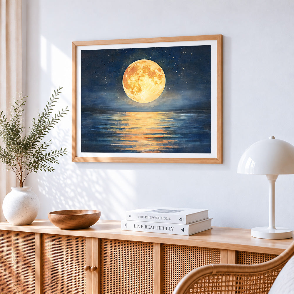 Full moon over calm ocean paint by numbers artwork displayed on wall as home decor