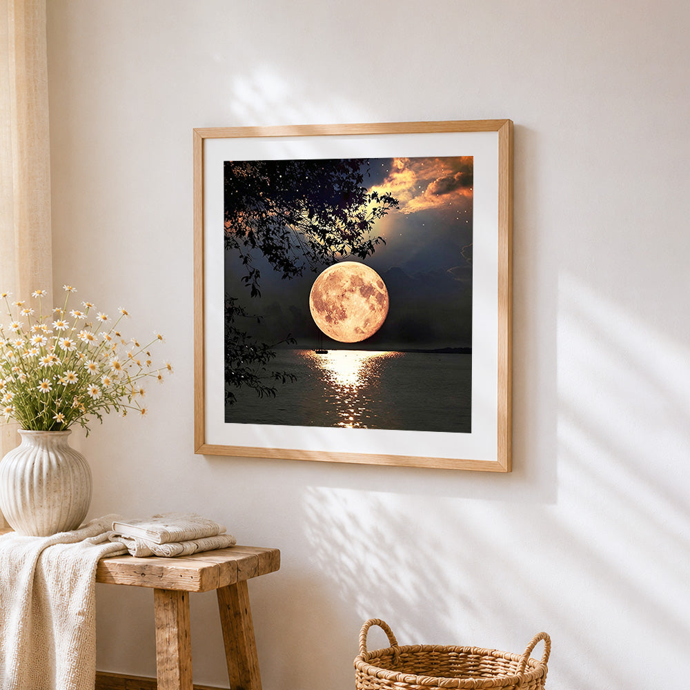 Full moon over tranquil lake paint by numbers artwork displayed on wall as home decor