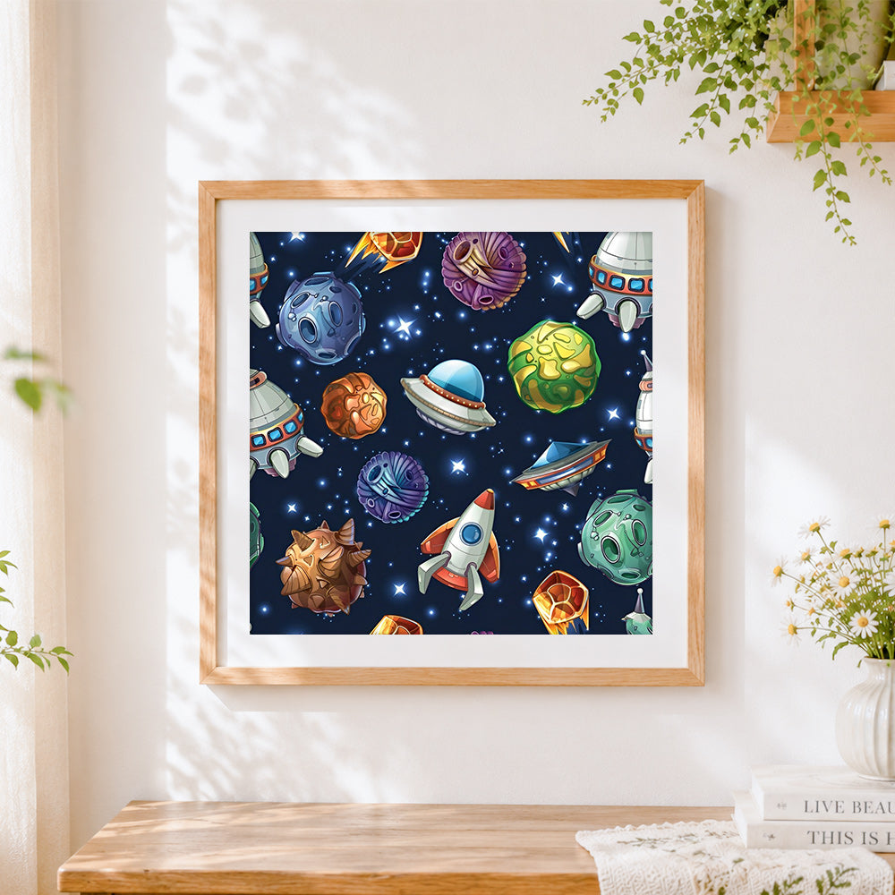 Finished fun cartoon space rockets and planets cross stitch artwork displayed