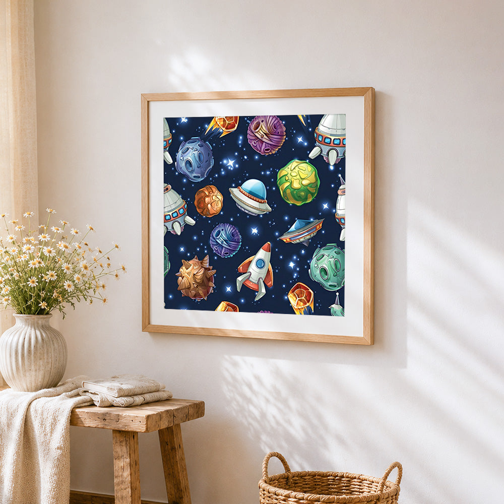 Fun cartoon space rockets and planets cross stitch artwork displayed on wall as home decor