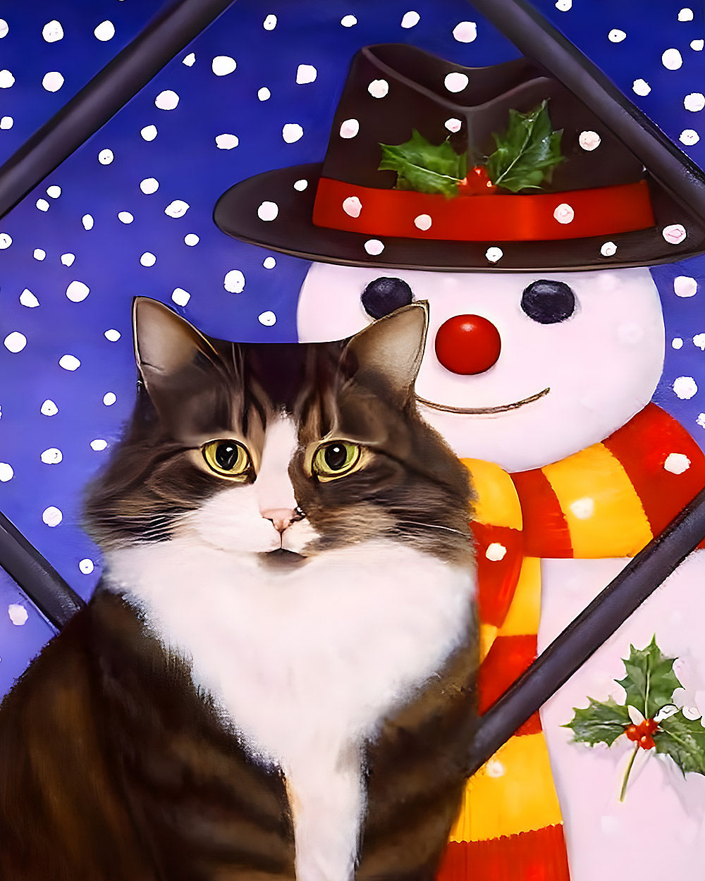 Fun cat with a snowman cross stitch kit for beginners
