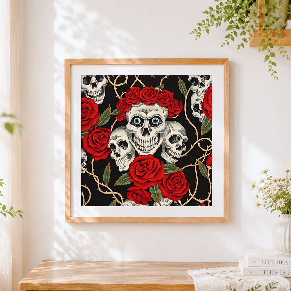 Finished fun skulls and red roses cross stitch artwork displayed