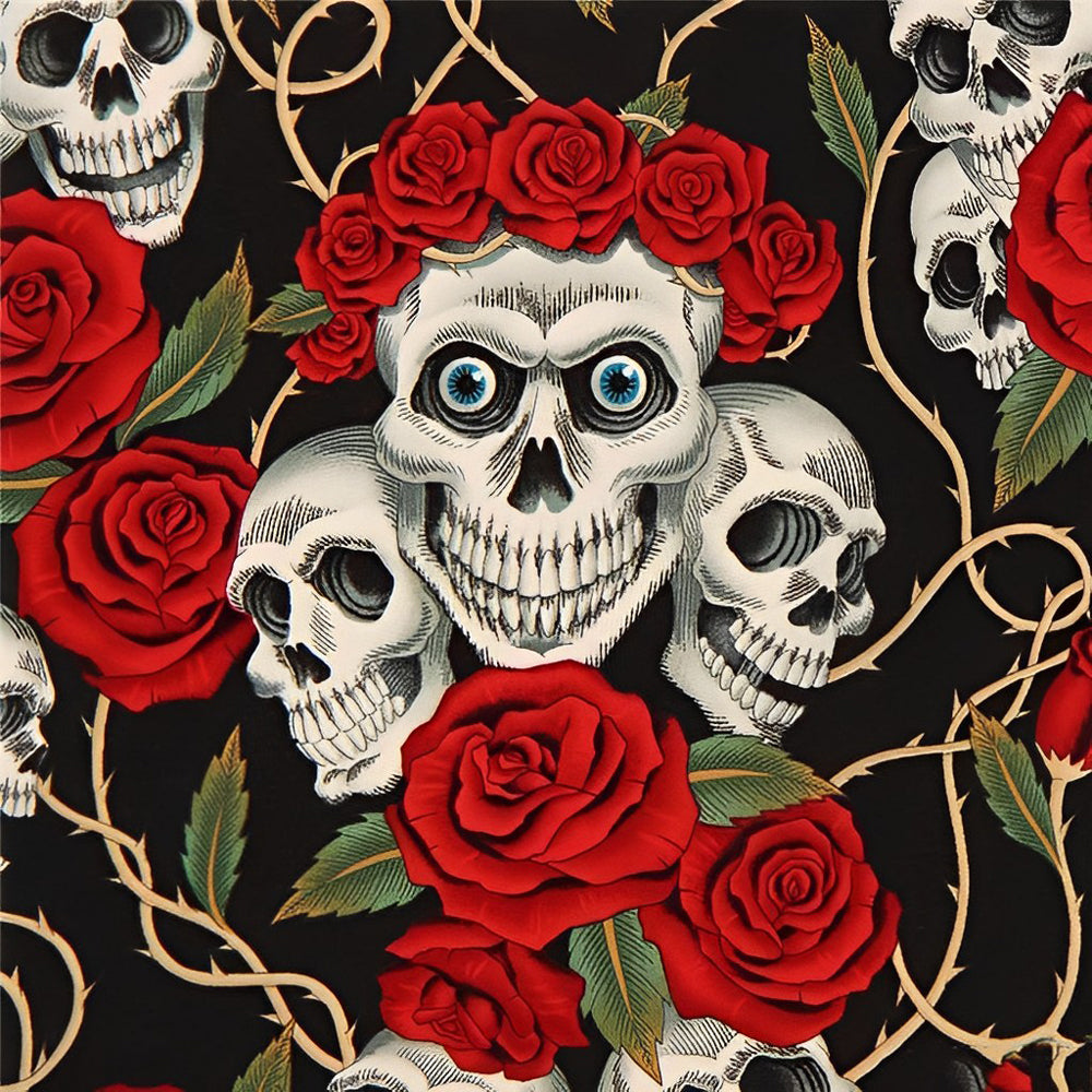 Fun skulls and red roses cross stitch kit for beginners